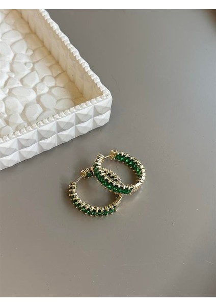 Taşlı Halka Küpe - Yeşil