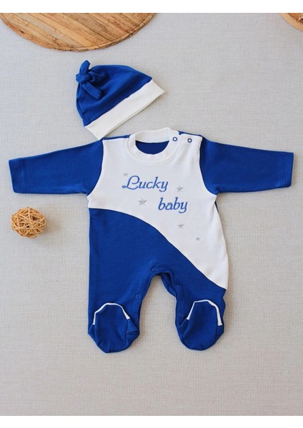 0-3 3-6 Ay Lucky Baby Nakışlı Es Çizgi Boy Şapkalı Erkek Bebek Tulumu Lacivert