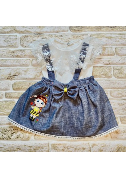 1-2-3 Yaş Bayan Arı Nakışlı Kot Desenli Etek Pamuklu Kumaş 2li Kız Bebek Salopet Takımı Lacivert fiyatları