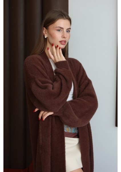 Kadın Kahverengi Sakallı Şal Yaka Uzun Hırka