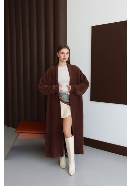 Kadın Kahverengi Sakallı Şal Yaka Uzun Hırka modelleri