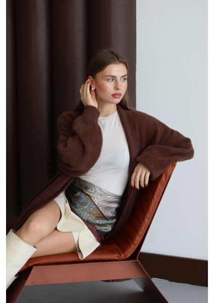 Kadın Kahverengi Sakallı Şal Yaka Uzun Hırka fırsatları