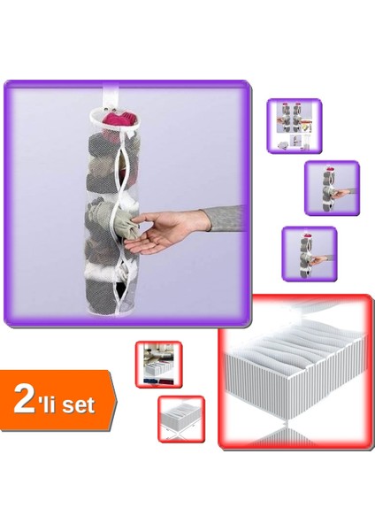 5 x Dolap Içi Asılabilir Çorap Düzenleyici + 8 Bölmeli Xl Pratik Çekmece Organizer - 2li Set 58P8T8