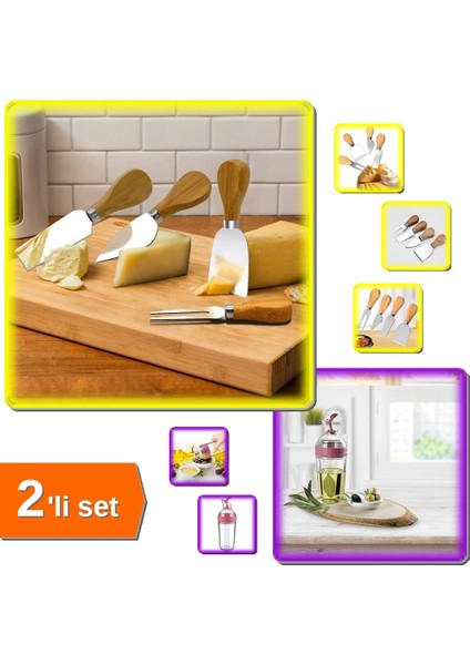 4 Adet Ahşap Saplı Peynir Bıçağı + Cam Yağdanlık Fresh Ölçülü Yağ Şişesi - 2li Set M23T78
