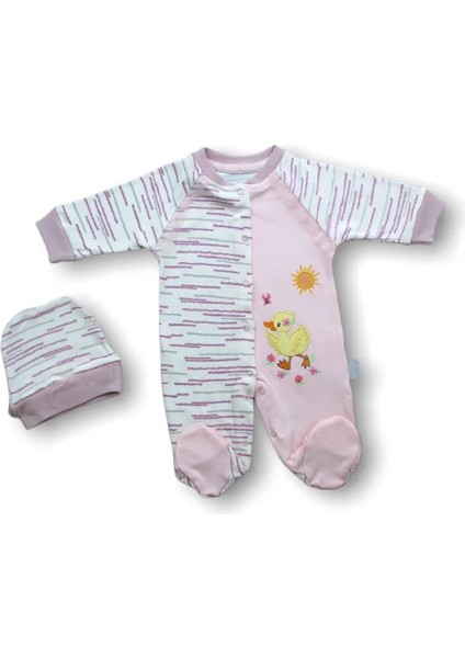 0-3 3-6 6-9 Ay Süslü Ördek Nakışlı Şapkalı Kız Bebek Tulumu Pembe