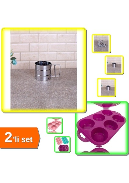 Un Eleği Pratik Paslanmaz - 250 gr + Silikon Muffin Kek Kalıbı 6 Bölmeli - 2li Set LUE7V2