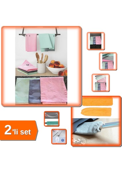 3 Adet Mikrofiber Temizlik Bezi + Sihirli Mikrofiber Başlıklı Toz Alma - Sapsız - 2li Set Z2LRL1