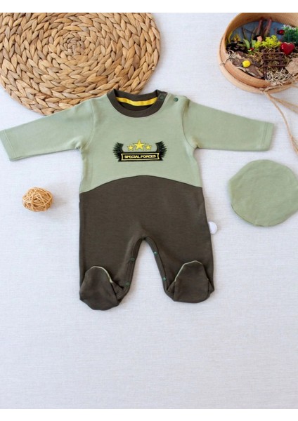 3-6 9-12 12-18 Ay Özel Kuvvetler Nakışlı Bere Şapkalı Kız Erkek Bebek Tulumu Yeşil