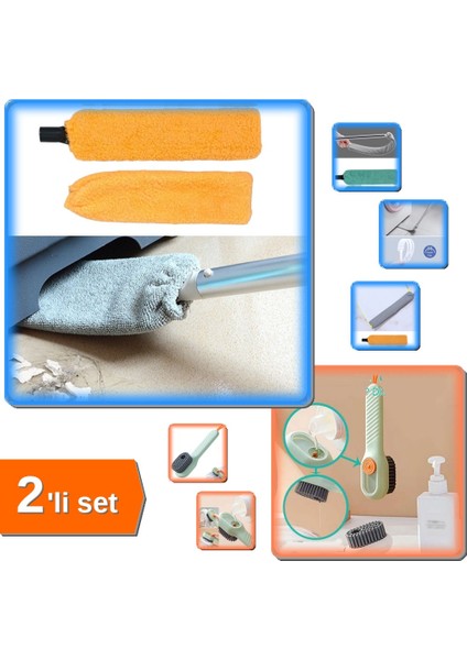 Girintili Yüzey Temizleme Mopu - Sapsız + Çok Amaçlı Deterjan Hazneli Fırça - 2li Set R4RYA0