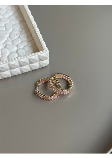 Taşlı Halka Küpe - Pembe