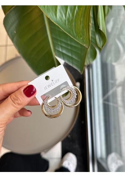 Taşlı Hilal Küpe - Altın