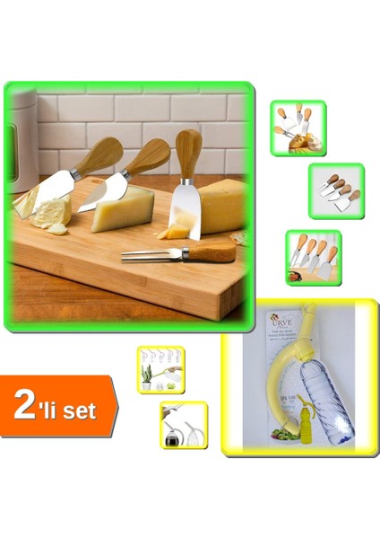 Ahşap Saplı 4 Adet Peynir Bıçağı + Pet Şişe Aparatı - Yağdanlık - Suluk - Sürahi - 2li Set 2B24GC