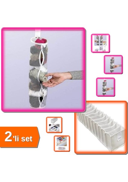5 Adet Dolap Içi Asılabilir Temiz Çorap Düzenleyici + 11 Gözlü Akordiyon Çekmece Organizer - 2li Set