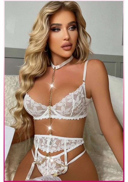 Ekru Göğüs Balenli Dantelli Zincir Detaylı Seksi Jartiyer Takım modelleri