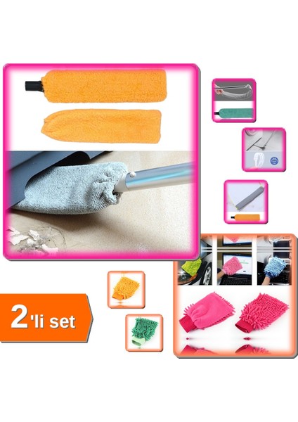 Mikrofiber Başlıklı Girintili Yüzey Temizleme Mop - Sapsız + Mikrofiber Temizlik Eldiveni - 2li Set
