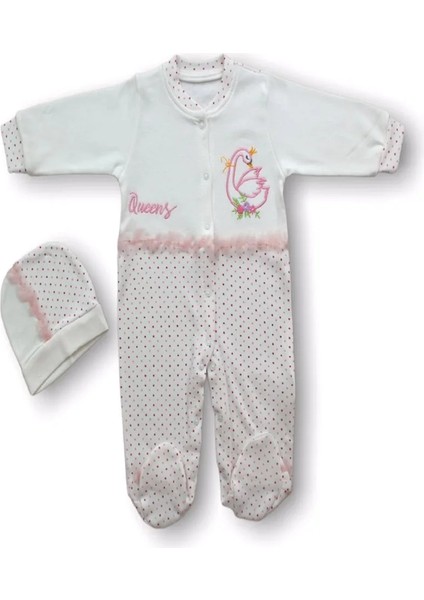 0-3 3-6 6-9 Ay Kraliçe Kuğu Nakışlı Şapkalı Kız Bebek Tulumu Ekru