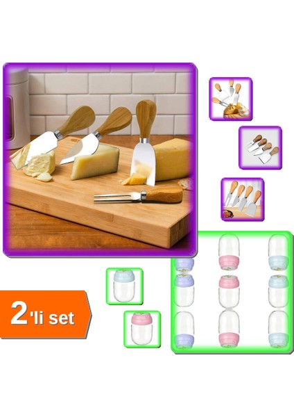 4 Parça Ahşap Saplı Peynir Bıçağı + 3 Adet Vintage Cam Kavanoz Seti - 2li Set Vjuel9