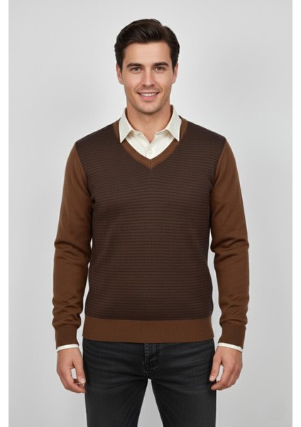 Erkek V Yaka Triko Kazak Çelik Örgü Regular Kalıp BGL-ST04838