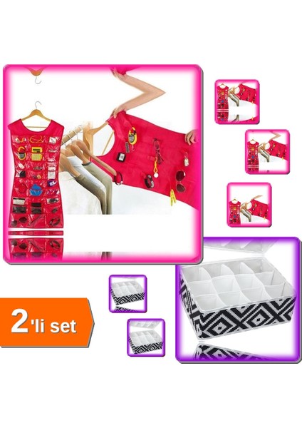 Elbise Şeklinde Takı Organizeri - Pembe + 12 Bölmeli Pratik Bölmeli Çekmece Düzenleyici - 2li Set Z7