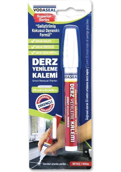 Vodaseal Çift Uçlu Su Bazlı Kokusuz Kalıcı Derz Kalemi Beyaz