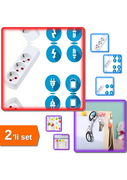 Topraklı 3lü Priz 10 Metre + 10 Adet Kablo Düzenleyici Klips - Düzgün Kablo Yönetimi - 2li Set N9PFR