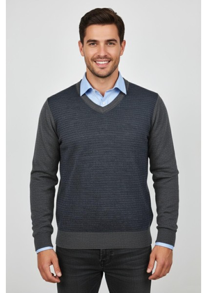 Erkek V Yaka Triko Kazak Çelik Örgü Regular Kalıp BGL-ST04838