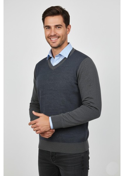 Erkek V Yaka Triko Kazak Çelik Örgü Regular Kalıp BGL-ST04838 fiyatları