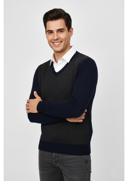 Erkek V Yaka Triko Kazak Çelik Örgü Regular Kalıp BGL-ST04838 fiyatları