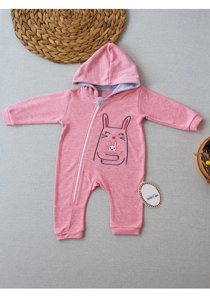 6-9 9-12 Ay Ef Çizgi Boy Fermuarlı Tavşan Nakışlı Kapşonlu Kız Erkek Bebek Tulumu Pembe