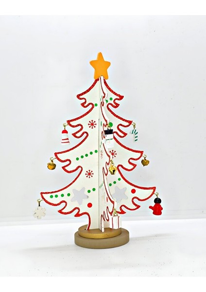 22.5 cm Beyaz Ahşap Masa Üstü Yılbaşı Ağacı | Karlı Temalı Mini Noel Dekor Süsü