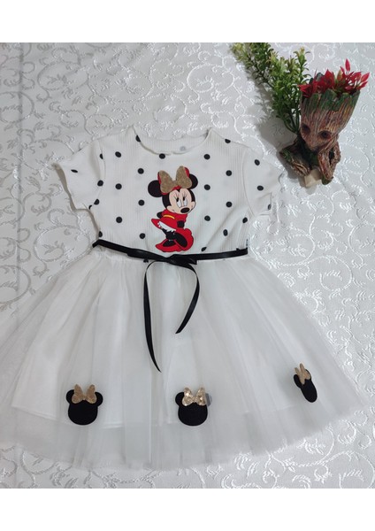 2-3-4 Yaş Puantiyeli Mickey Baskılı Kurdela Kuşaklı Astarlı Kız Bebek Tütü Elbisesi modelleri