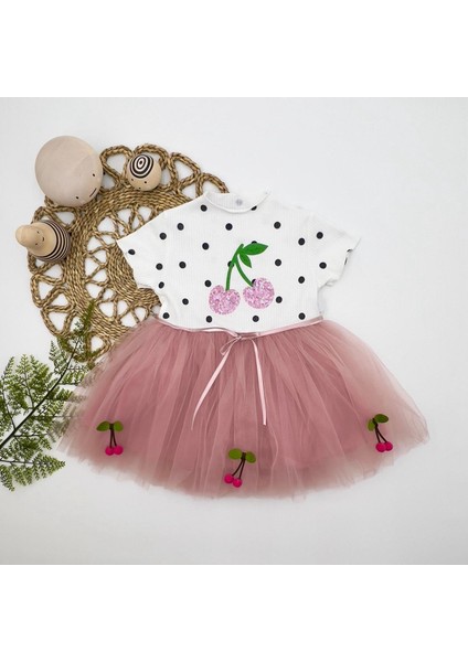 1-2-3 Yaş Payetli Kiraz Nakışlı Kiraz Etekli Kız Bebek Tütü Elbisesi