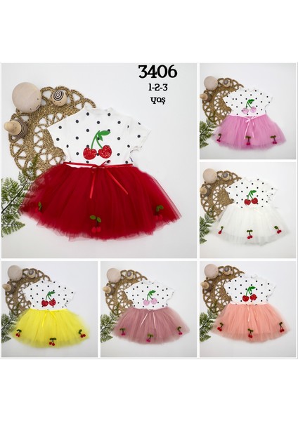 1-2-3 Yaş Payetli Kiraz Nakışlı Kiraz Etekli Kız Bebek Tütü Elbisesi modelleri