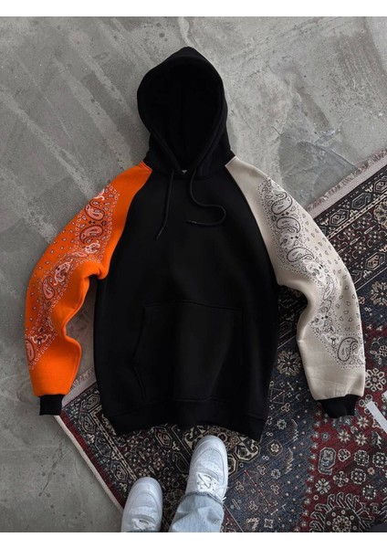 Üç Iplik Penye Kapşonlu Parçalı Sweatshirt - Siyah