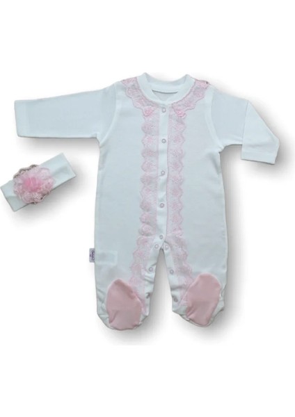 3-6 6-9 Ay Dantelli Boydan Çıtçıtlı Bandanalı Patikli Uzun Kollu Kız Bebek Tulumu Ekru