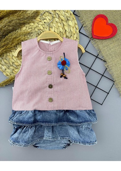 6-9-12-18 Ay Gül Rozet Detaylı Kot Kilotlu Etek Kız Bebek Elbisesi