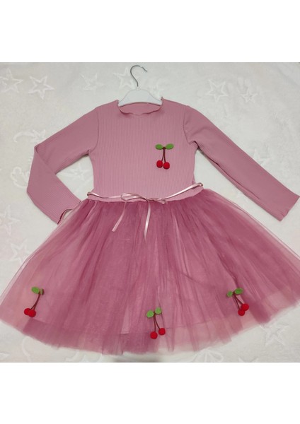 5-6-7 Yaş Kiraz Desenli Kurdela Kuşaklı Astarlı Uzun Kollu Kız Çocuk Tütü Elbise Gül Kurusu