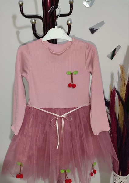 5-6-7 Yaş Kiraz Desenli Kurdela Kuşaklı Astarlı Uzun Kollu Kız Çocuk Tütü Elbise Gül Kurusu fiyatları