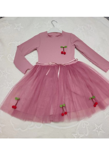 5-6-7 Yaş Kiraz Desenli Kurdela Kuşaklı Astarlı Uzun Kollu Kız Çocuk Tütü Elbise Gül Kurusu modelleri