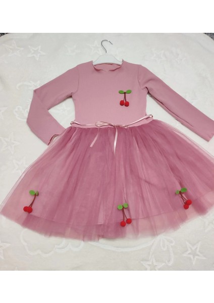 5-6-7 Yaş Kiraz Desenli Kurdela Kuşaklı Astarlı Uzun Kollu Kız Çocuk Tütü Elbise Gül Kurusu indirimleri