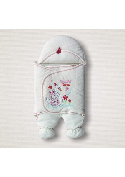 Yenidoğan Çiçekli Ördek Nakışlı Şapkalı Kız Bebek Ayaklı Kundak Bebek Battaniyesi