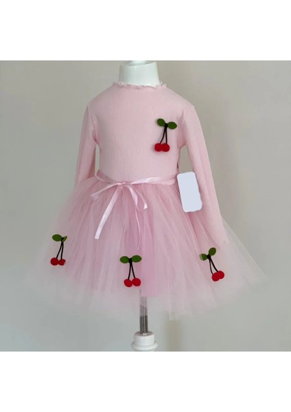 5-6-7 Yaş Kiraz Desenli Kurdela Kuşaklı Astarlı Uzun Kollu Kız Çocuk Tütü Elbise Pembe