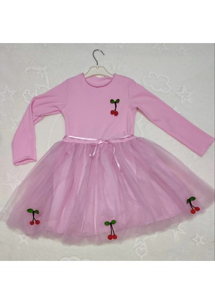 5-6-7 Yaş Kiraz Desenli Kurdela Kuşaklı Astarlı Uzun Kollu Kız Çocuk Tütü Elbise Pembe fiyatları