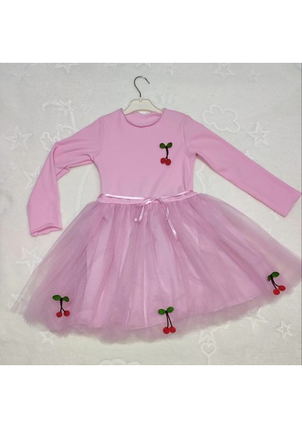 5-6-7 Yaş Kiraz Desenli Kurdela Kuşaklı Astarlı Uzun Kollu Kız Çocuk Tütü Elbise Pembe modelleri