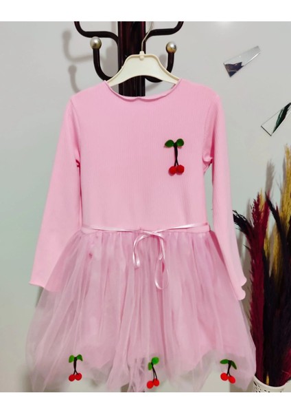 5-6-7 Yaş Kiraz Desenli Kurdela Kuşaklı Astarlı Uzun Kollu Kız Çocuk Tütü Elbise Pembe fırsatları