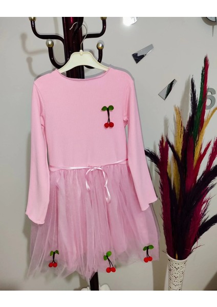 5-6-7 Yaş Kiraz Desenli Kurdela Kuşaklı Astarlı Uzun Kollu Kız Çocuk Tütü Elbise Pembe indirimleri