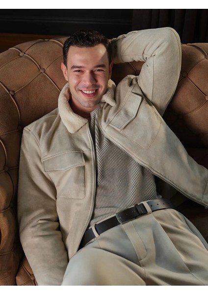 Vision Ekru Dar/slim Fit Kürk Yaka Peluş Astarlı Süet Erkek Mont