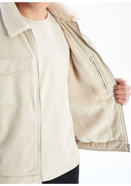 Vision Ekru Dar/slim Fit Kürk Yaka Peluş Astarlı Süet Erkek Mont indirimleri