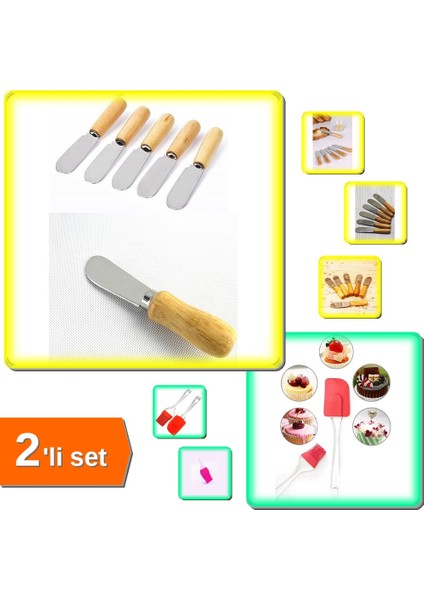 6 Adet Tereyağı Bıçağı Mini Spatula Ahşap + 2 Li Silikon Pasta Fırçası Seti - 2li Set Tereya