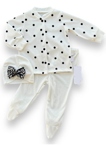 3-6-9-12 Ay Puantiyeli Şapkalı Çıtçıt Kapamalı Patikli 3lü Kız Bebek Takımı